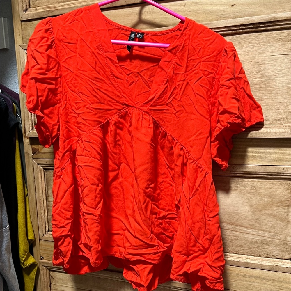 Versona Bright Orange V-Neck Puff Sleeve Blouse